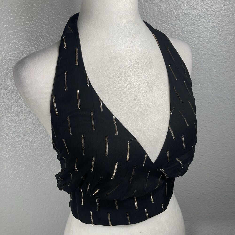 Black Metallic Halter Top S Open Tie Up Back Deep V-Neck Crop Gold Silver Club